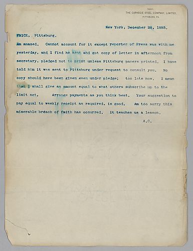 Carnegie writes from New York, [N.Y.] on suppressing a letter that managed to get to the newspaper companies