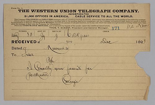 Carnegie writes from New York, [N.Y.] to ask if Connelly is Frick's favorite Postmaster