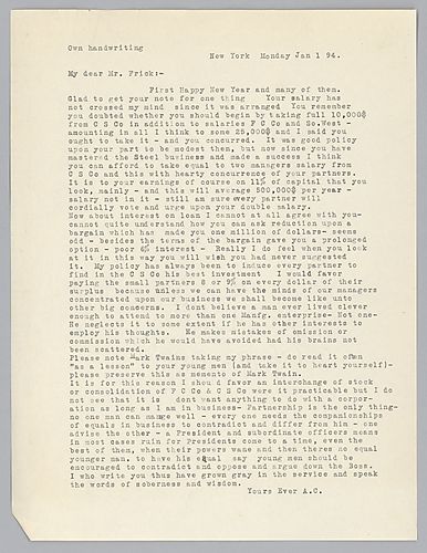 Carnegie agrees to increase Frick's salary, however, he disagrees with Frick's request to reduce the interest on a loan. He discusses the interchange of stock and the consolidation of the Frick Coke Company and Carnegie Brothers and Company, declaring it 