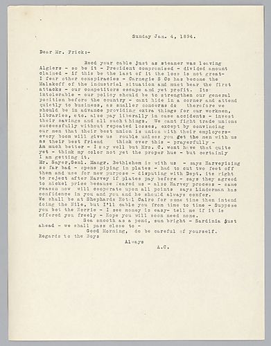 Carnegie discusses his concern about the position of Carnegie Steel Company nationally, stating, "Carnegie S Co has become the Malakoff of the industrial situation." Also, he discusses troubles involving the manufacturing of plate [armor]