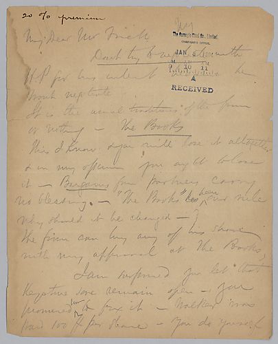 Carnegie advises "don't try to negotiate with H.P. [Henry Phipps] for his interest because he won't negotiate," and also councils Frick on the need to have "sentiment, imagination and feeling", to make him "the supreme manager nature intended you."