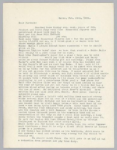 Writing from Cairo, Egypt, Carnegie discusses financial figures received from Frick about Homestead and also discusses [George] Lauder and "Harry" [Mr. Phipps]