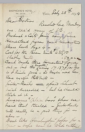 Writing from Cairo, Egypt, Carnegie discusses financial figures received from Frick about Homestead and also discusses [George] Lauder and "Harry" [Mr. Phipps]