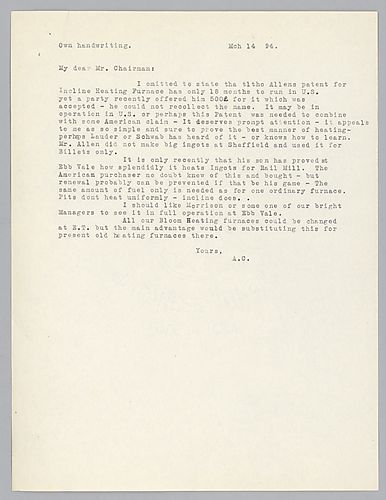 Writing from Sorrento, [Italy], Carnegie discusses Mr. Allen's patent for an incline heating furnace