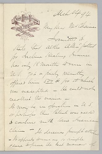 Writing from Sorrento, [Italy], Carnegie discusses Mr. Allen's patent for an incline heating furnace