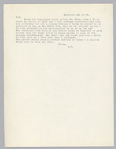 Carnegie's postscript from Andrew Carnegie to [Henry Clay Frick], March 16, 1894 from Sorrento, [Italy]. Carnegie discusses the matter of Mr. Frew's salary