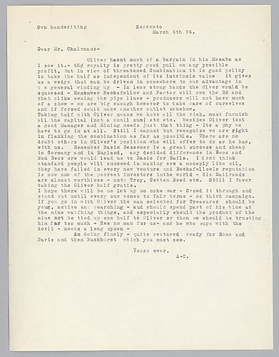 Writing from Sorrento, [Italy], Carnegie instructs Frick to negotiate with Oliver mining because of the involvement of Rockefeller and Porter