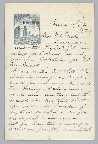 Writing from Cannes, [France], Carnegie addresses the point that the English government is in need of armor for building twenty new ships and believes it would be in their best interest to furnish them with the armor