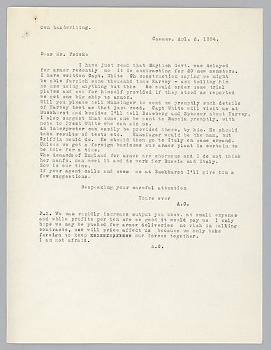 Writing from Cannes, [France], Carnegie addresses the point that the English government is in need of armor for building twenty new ships and believes it would be in their best interest to furnish them with the armor