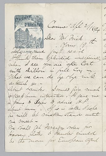 Writing from Cannes, [France], Carnegie discusses his thoughts on general business matters involving competitors and prices