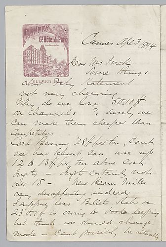 Writing from Cannes, [France], Carnegie discusses production and cost of products manufactured at their mills