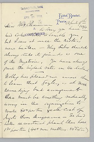 Writing from Paris, [France], Carnegie discusses coke strikes, production costs at Duquesne mills and Mr. Scott's widow and children