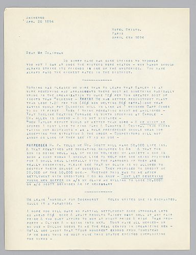 Writing from Paris, [France], Carnegie discusses coke strikes, production costs at Duquesne mills and Mr. Scott's widow and children
