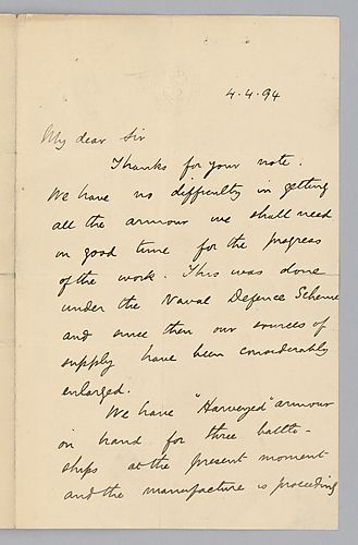 White thanks Carnegie for his note and responds that [England] has no difficulty getting the armor they require for building their ships