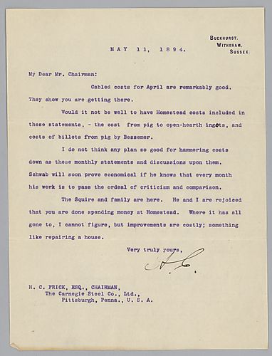 Writing from Buckhurst, Withyham, Sussex, [England], Carnegie discusses costs at the Homestead works