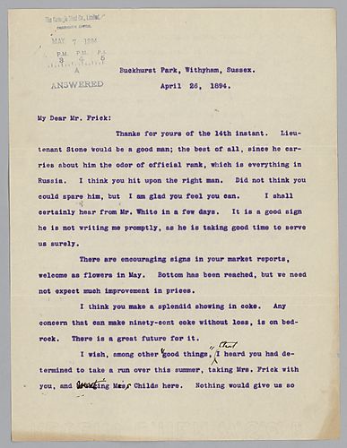 Writing from Buckhurst Park, Withyham, Sussex, [England], Carnegie discusses sending a Lieutenant Stone to Russia; discusses Frick's market reports and states his pleasure that Frick and Mrs. Frick along with Mrs. Childs will visit him in the summer