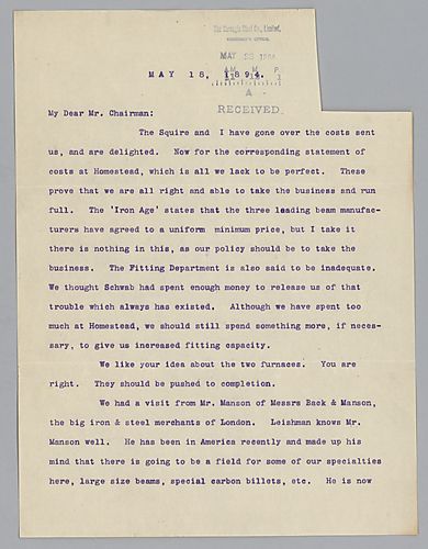 Carnegie indicates he and "the Squire" have reviewed the cost reports that Frick supplied them