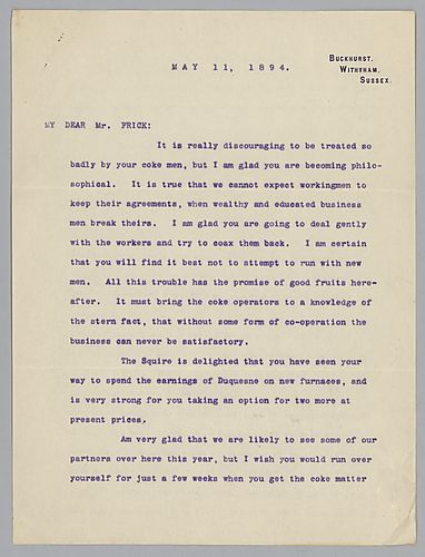 Writing from Buckhurst, Withyham, Sussex, [England], Carnegie discusses labor troubles occurring in coke the region