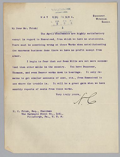 Writing from Buckhurst, Withyham, Sussex, [England], Carnegie discusses costs at the Homestead works along with costs at their beam mills