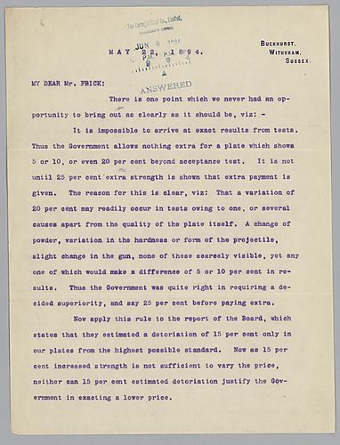 Writing from Buckhurst, Withyham, Sussex, [England], Carnegie addresses Frick about the request from the Swedish Church of Braddock, Pa for a church organ. Note on the letter states a copy of this letter was sent to Mrs. [R] J. Foburg, Braddock, Pa
