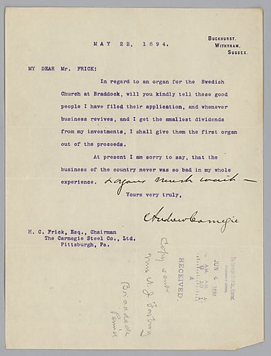 Writing from Buckhurst, Wtihyham, Sussex, [England], Carnegie discusses results and costs of armor testing