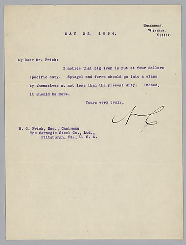 Writing from Buckhurst, Withyham, Sussex, [England], Carnegie comments on a four dollar duty placed on pig iron