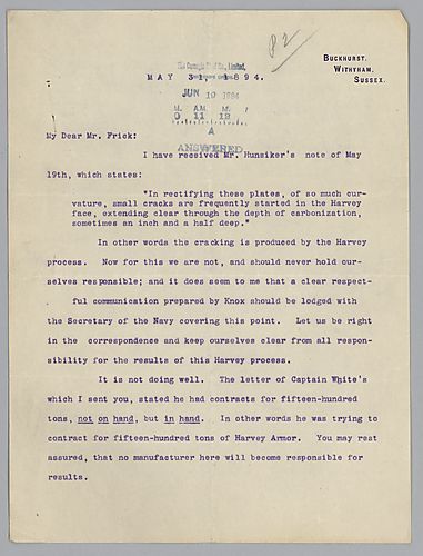 Writing from Buckhurst, Withyham, Sussex, [England], Carnegie discusses the matter of "Harveyized" armor and results from its testing