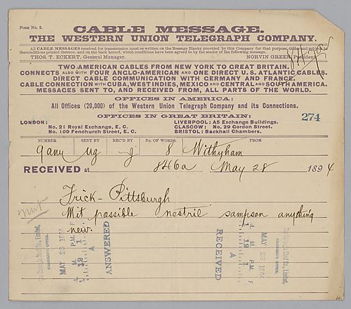 A telegram from Withyham, [England] reads "Wit possible [nestrie] sampsen anything new."
