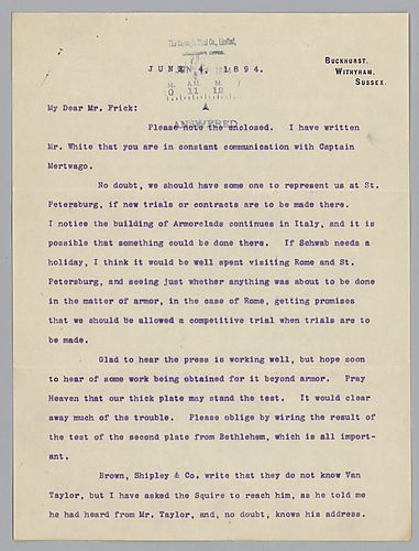 Writing from Buckhurst, Withyham, Sussex, [England], Carnegie discusses needing someone to represent them in St. Petersburg if new contracts and trials are to be made there for armor