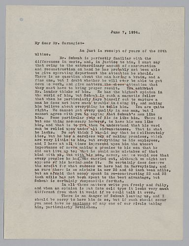 Writing from Buckhurst, Withyham, Sussex, [England], [Frick] expresses his opinion of [Charles M.] Schwab to Carnegie