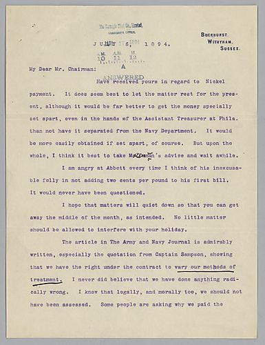 Writing from Buckhurst, Withyham, Sussex, [England], Carnegie discusses how profits are being made from "slag."