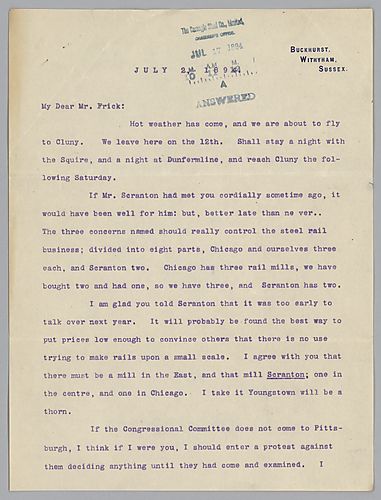 Writing from Buckhurst, Withyham, Sussex, [England], Carnegie discusses issues involving the efforts to produce armor for the United States government
