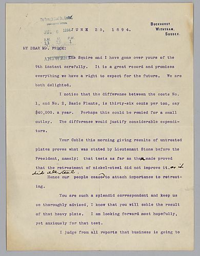 Writing from Buckhurst, Withyham, Sussex, [England], Carnegie comments on reports about armor testing and the alarm over the silver standard