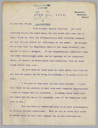 Writing from Buckhurst, Withyham, Sussex, [England], Carnegie discusses "the armor mess" involving the U.S. government
