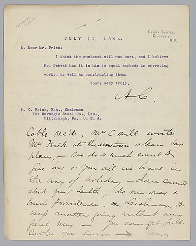 Carnegie writes from Kingussie [Scotland] on Mr. Schwab's capability in constructing and operating works. [ALS below typed letter, AC to HCF, 1p.] SCN: Carnegie concerned about Frick's health