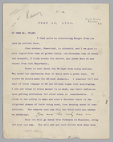 Writing from Cluny Castle, Kingussie, [Scotland], Carnegie discusses his displeasure over Frick's negotiations with a Mr. Rainey