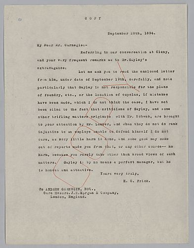 Frick defends criticisms of Mr. Gayley's management, and he includes a letter from Mr. Gayley to Carnegie. [Note: letter not included.]