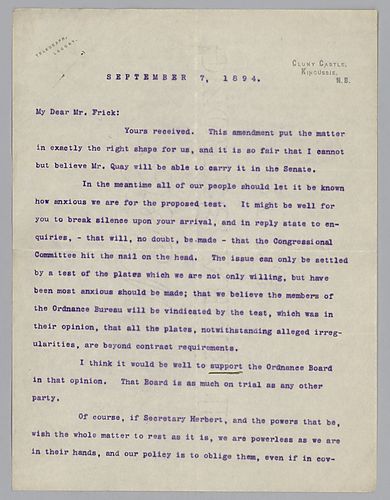 Writing from Kingussie [Scotland], Carnegie advises Frick on how to handle plate testing by a congressional committee