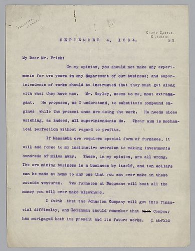 Writing from Kingussie [Scotland], Carnegie instructs Frick to halt all experiments and advises Frick against outside investments. Also, Carnegie is concerned about his businessmen including personal matters in business, and he instructs Frick to leave al