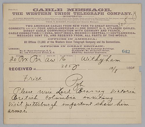 Writing from Withyham [England], Carnegie instructs Frick to wire Lord Brassey an invitation to Pittsburgh to view armor