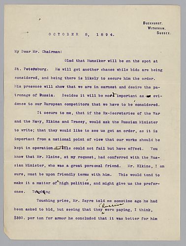 Carnegie writes from Withyham [England] on possible future armor contracts with Russia. [Included ALS below] Carnegie writes about Lord Brassey