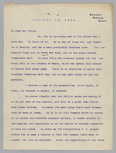 Carnegie writes from Withyham [England] on buying forty percent of the Fox Solid Pressed Steel Company
