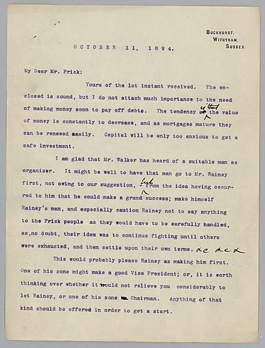 Carnegie writes from Withyham [England] on paying off debts and avoiding potential labor organizing