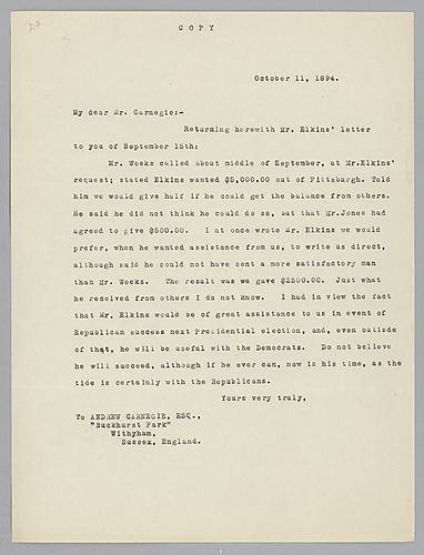Frick writes that Mr. Elkins requested $5,000 and was given $2,500 and that he can provide political assistance to them