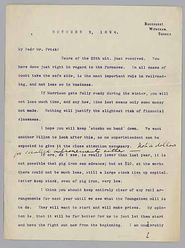 Carnegie writes from Withyham [England] on several business concerns: stocks on hand, rail arrangements, and next year's outlook