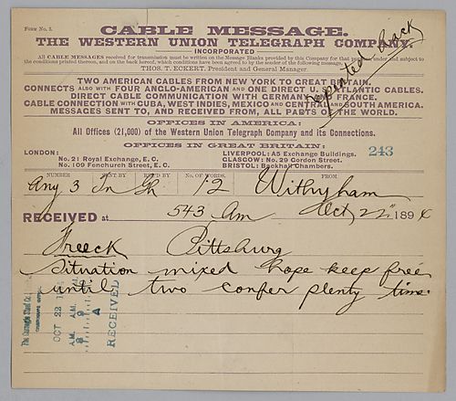 Carnegie writes from Withyham, [England] that the situation is mixed and advices that he and Frick should confer often