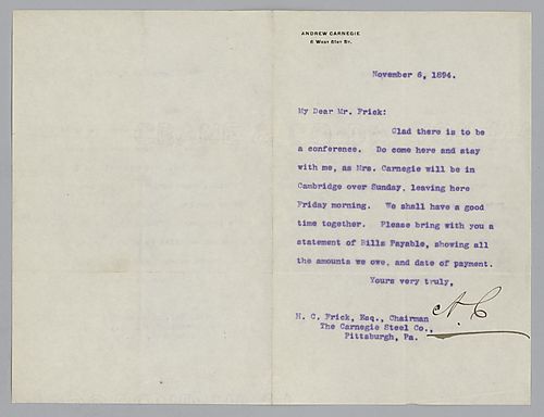 Carnegie writes from New York, [N.Y.] to invite Frick to stay with him while he is at the conference in New York