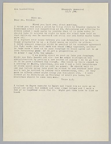 Carnegie writes on maneuvers to get Russian Armor Contracts and still be able to meet the United States' government's orders. He also proposes going into gun forgings