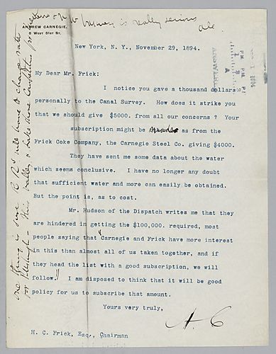 Carnegie writes from New York, [N.Y.] on subscribing to the Canal Survey. In a handwritten post-script, he adds that railroad companies will have to change rates