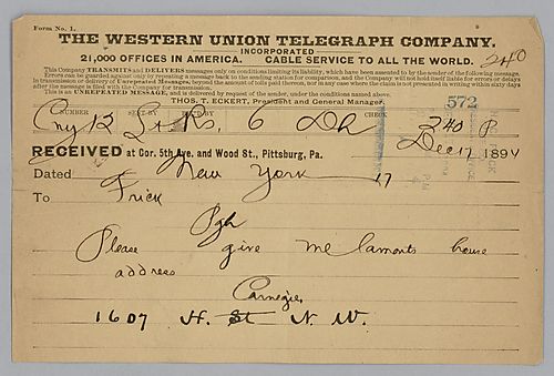 Carnegie writes from New York, [N.Y.] to request Mr. Lamant's address